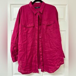 Lauren Ralph Lauren 100% Linen ButtonUp Shirt Womens size 2X Roll tab Cranberry